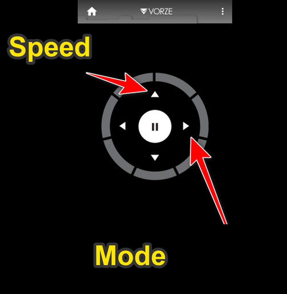 The VORZE app's controls: up and down change the speed, left and right change the mode