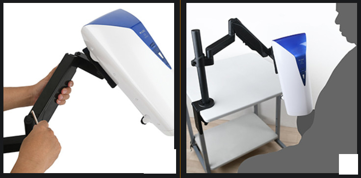 The VORZE Arm Stand holding an A10 Piston SA on a desk