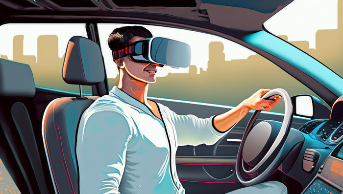Illustration of a man wearing a VR headset in the driver's seat of a car