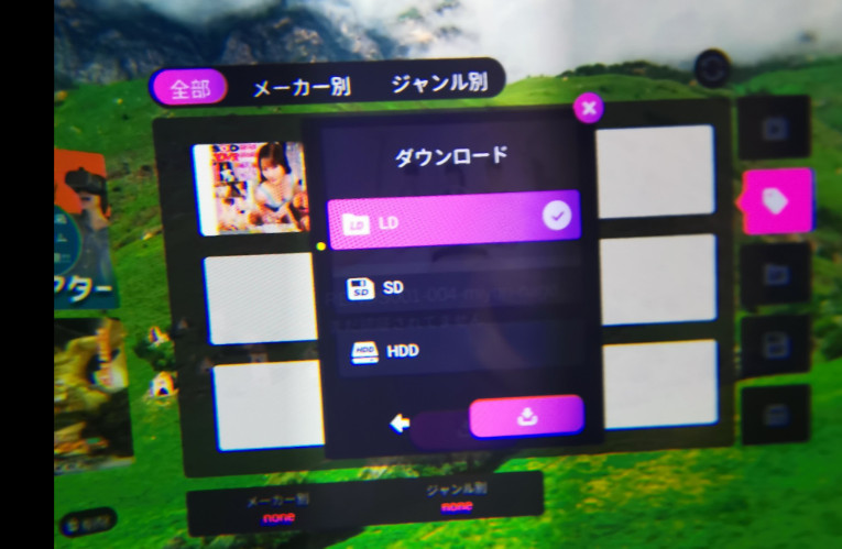 The download menu inside the headset: LD, SD or HDD