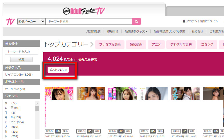 Adult Festa search results filtered to Piston SA sync videos