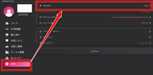 4D MEDIA PLAYER settings with the Bluetooth option
