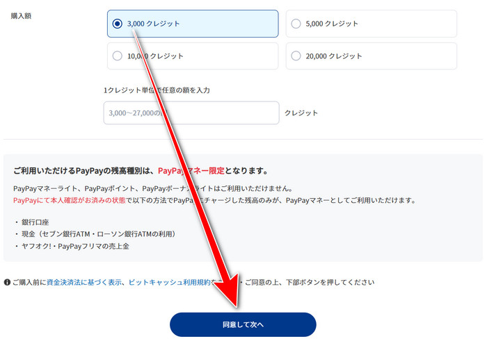 Choosing 3,000 credits on the BitCash charge page