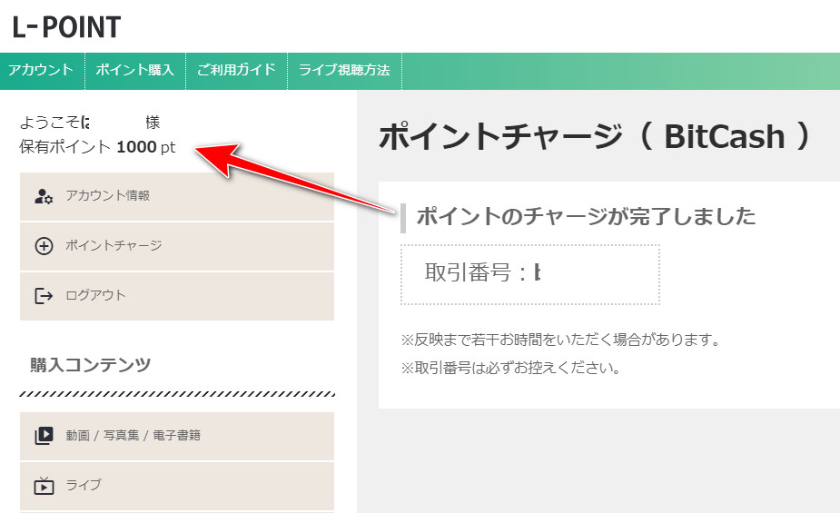 L-POINT balance showing 1,000 points