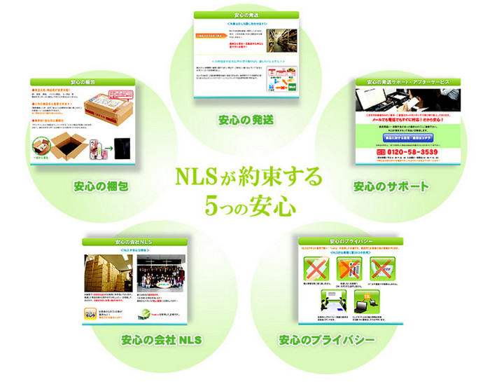 NLS’s “5 promises” graphic: packaging, shipping, support, company and privacy
