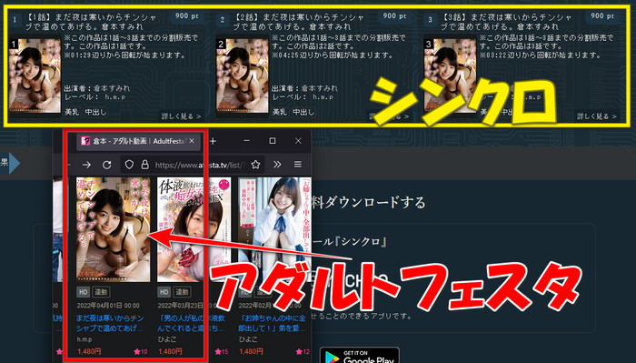 The same title on the Synchro store (split into three parts) and on Adult Festa (one video for ¥1,480)