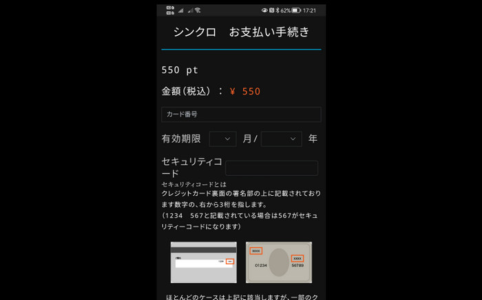 The Synchro credit card payment screen