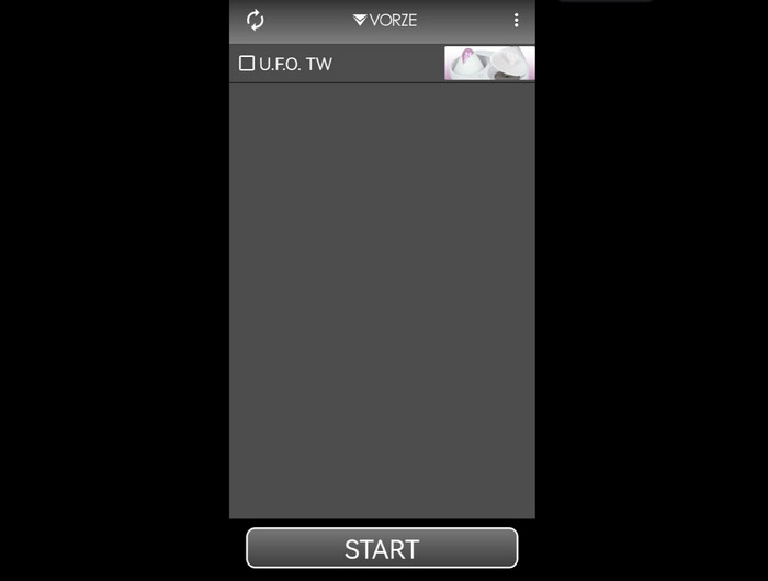 The VORZE app's device list showing the U.F.O. TW and a START button