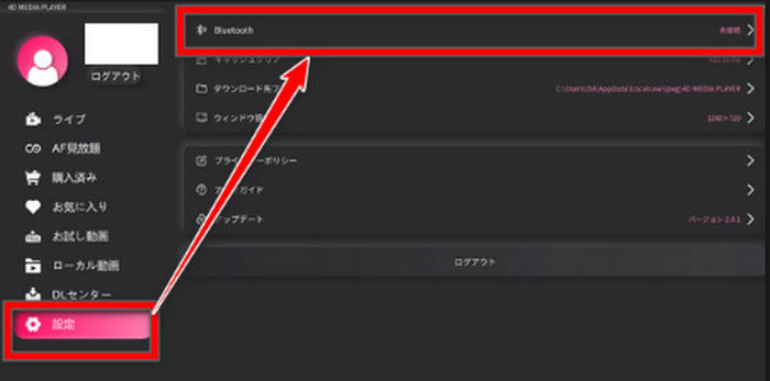 4D MEDIA PLAYER on a PC: Settings, then Bluetooth